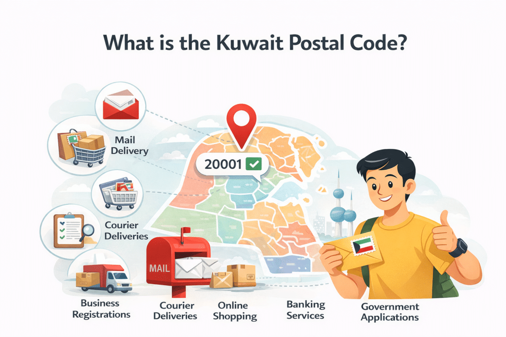 What is Kuwait postal code explained with 5 digit zip code example map mail delivery and online services illustration