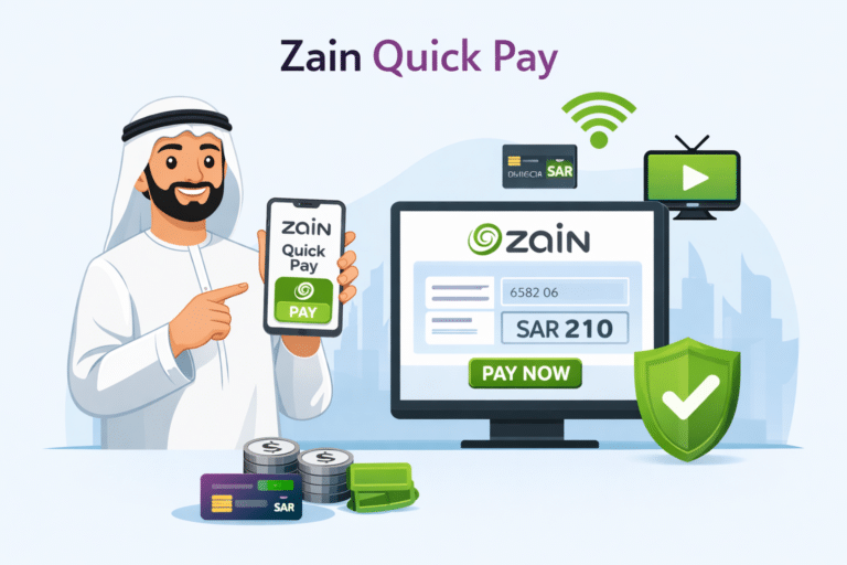 Animated illustration of a user using Zain Quick Pay Kuwait on a smartphone to pay Zain bill online with secure digital payment options.