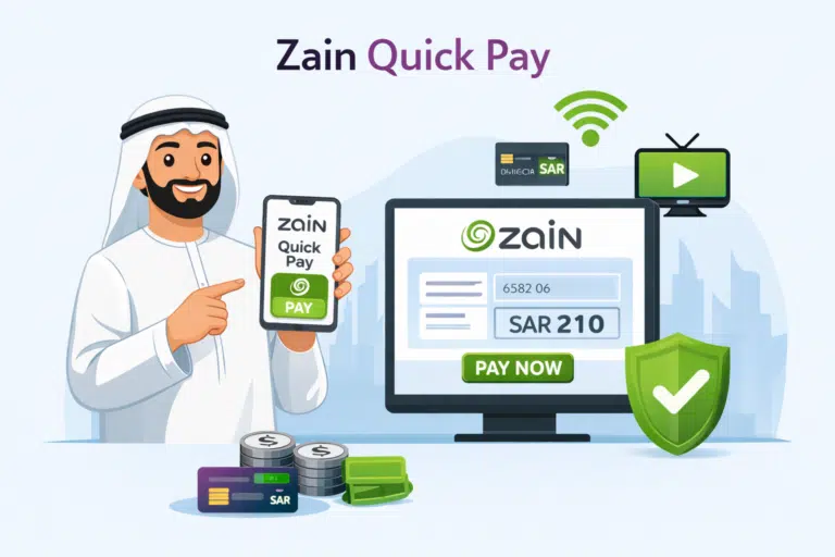 Animated illustration of a user using Zain Quick Pay Kuwait on a smartphone to pay Zain bill online with secure digital payment options.