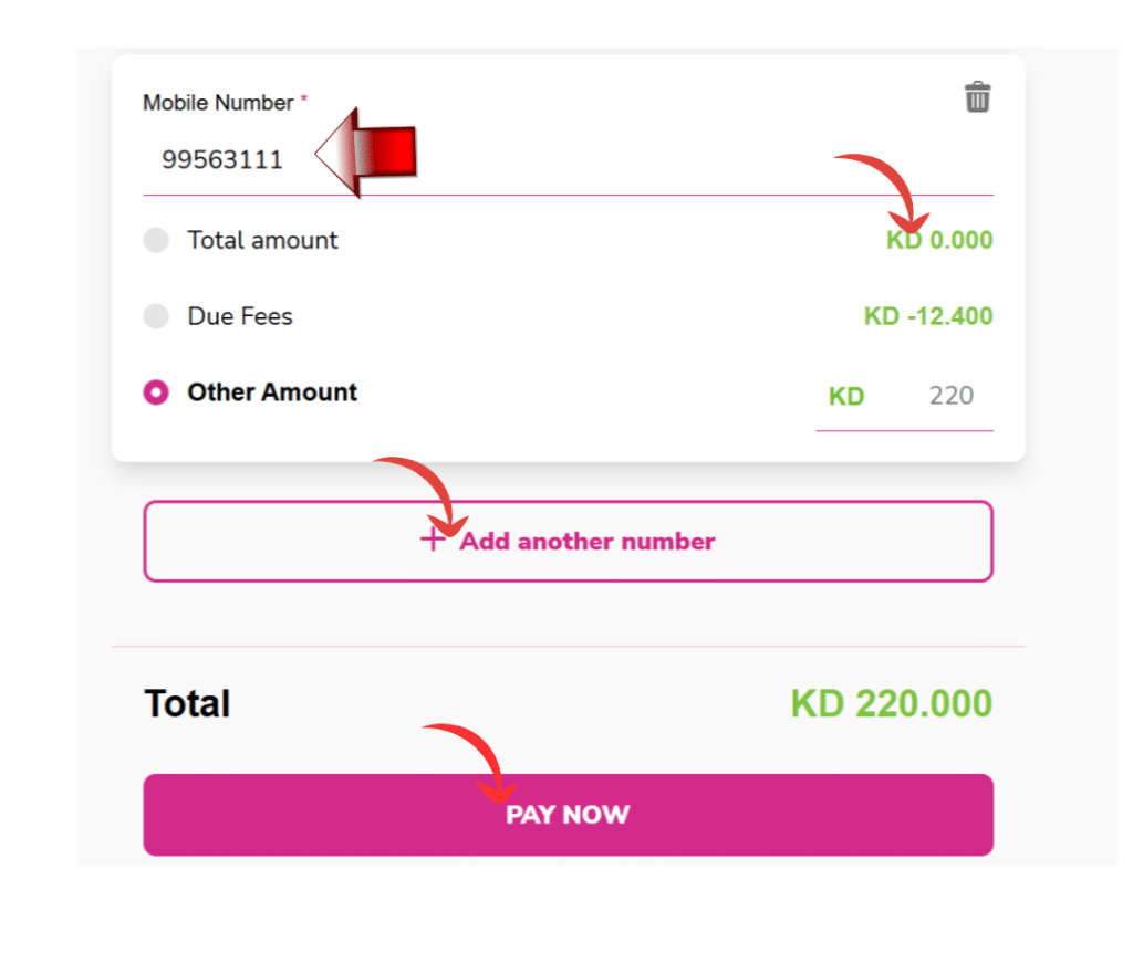 Zain Quick Pay mobile number entry screen with bill amount and Pay Now button Kuwait