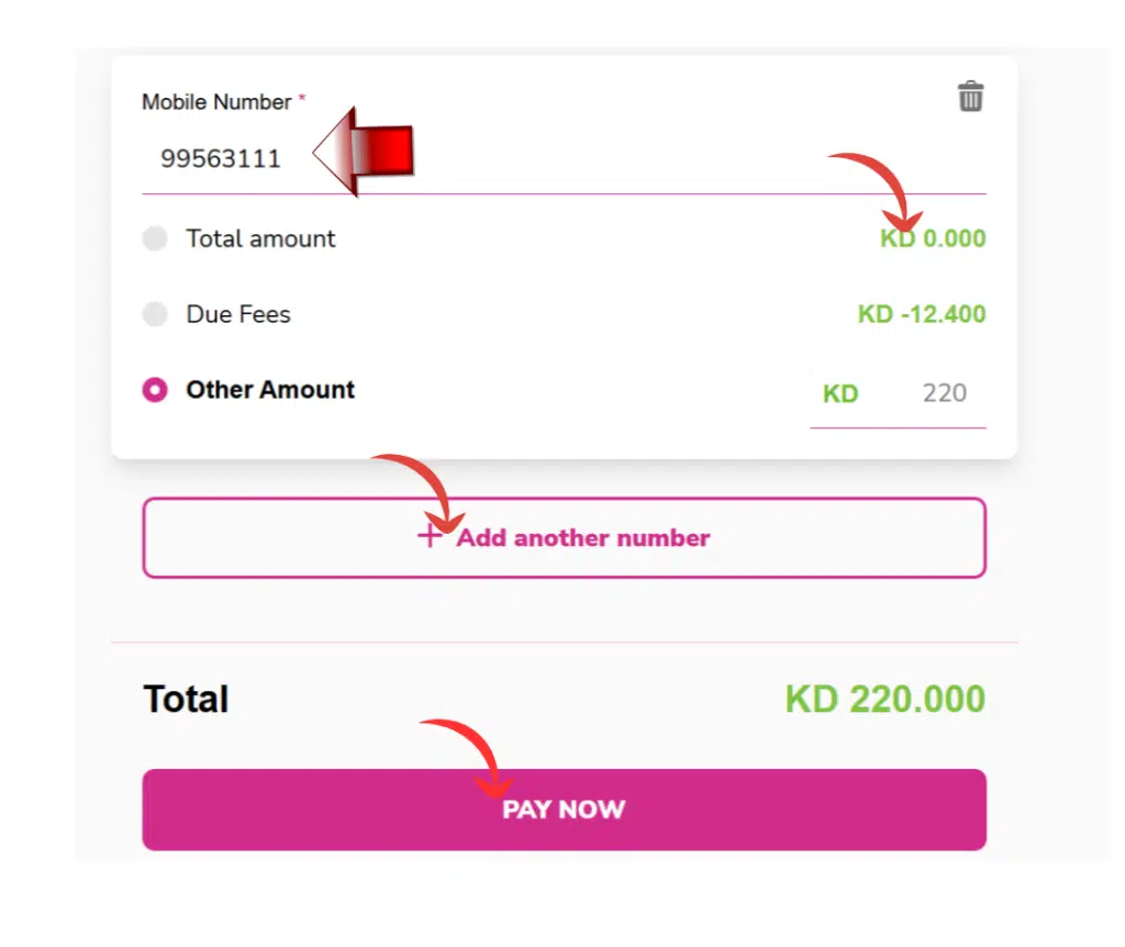 Zain Quick Pay mobile number entry screen with bill amount and Pay Now button Kuwait