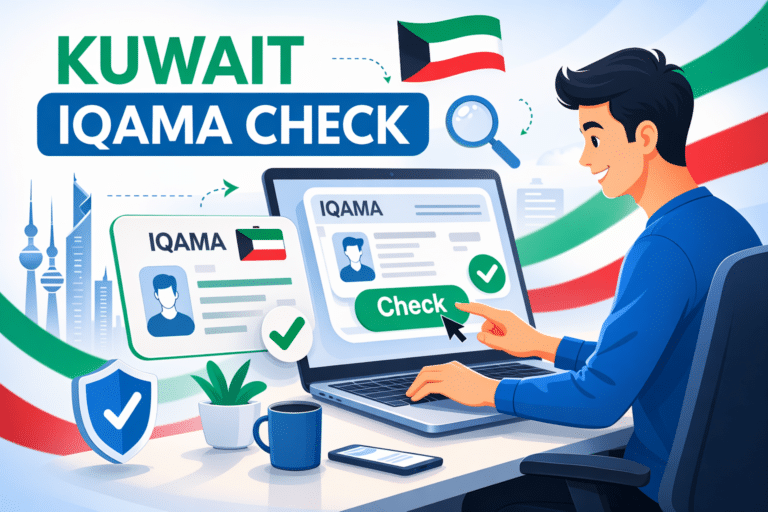 Animated illustration of a person checking Kuwait Iqama status online on a laptop with an Iqama card, Kuwait flag, and verification checkmarks.