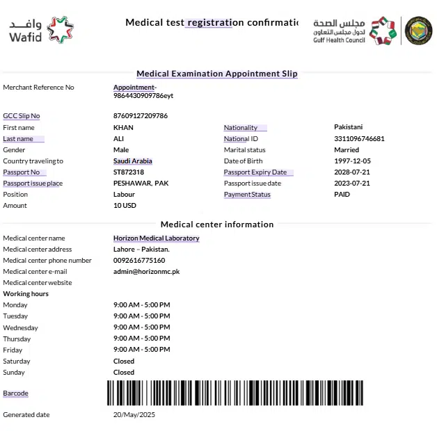 Wafid medical examination appointment slip showing medical test registration confirmation for a work visa applicant, including appointment details, passport information, laboratory details, payment status, and barcode.