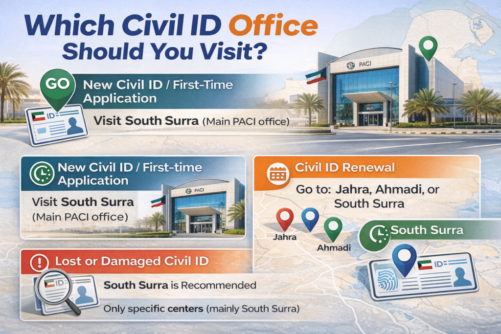 Which Civil ID office to visit in Kuwait infographic showing South Surra, Jahra, and Ahmadi services