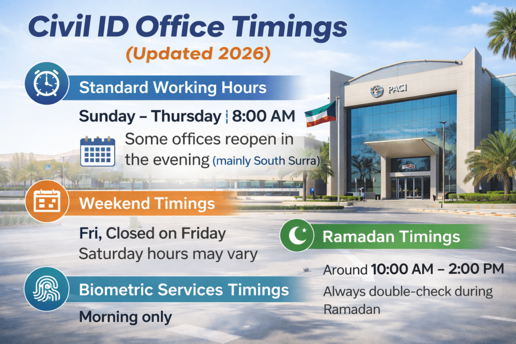 Civil ID office timings 2026 Kuwait including weekday, weekend, Ramadan and biometric hours infographic