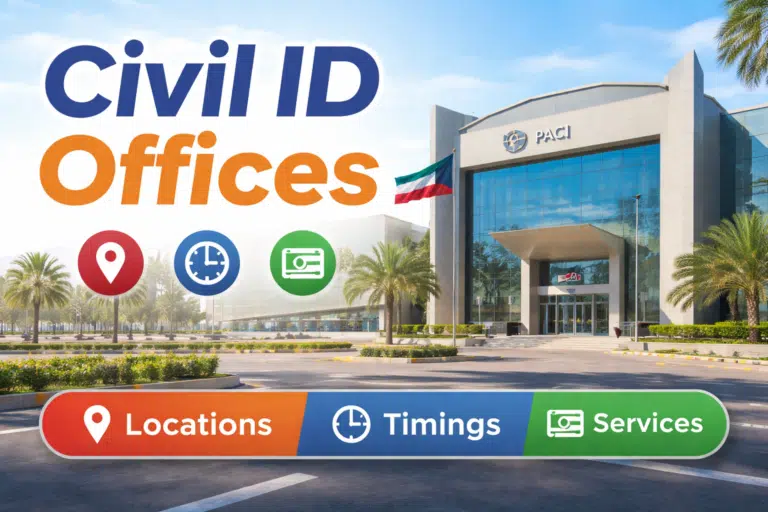 Civil ID offices in Kuwait with PACI building, locations and timings guide banner