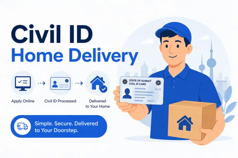 Civil ID home delivery service Kuwait illustration showing courier delivering ID card to home with online application process steps
