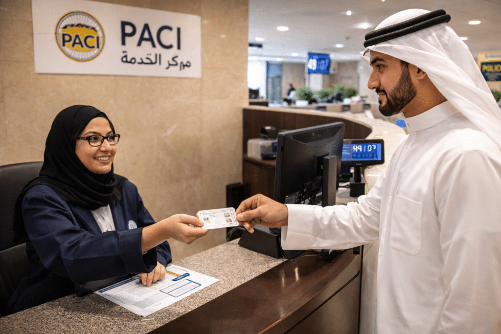 Man collecting Civil ID at PACI service center counter in Kuwait