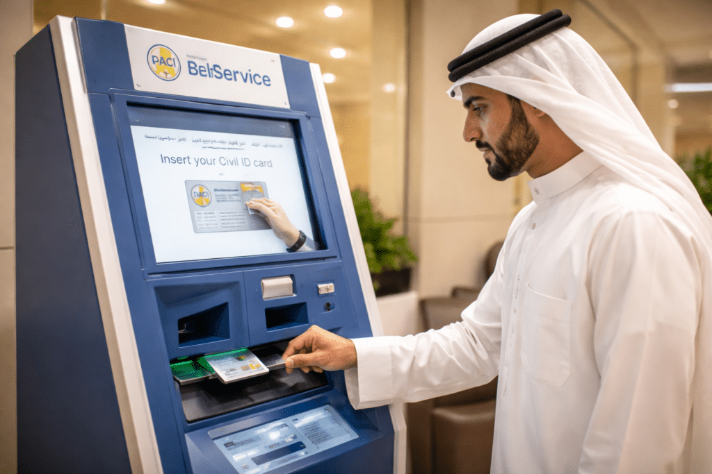 Man collecting Civil ID from self-service machine kiosk in Kuwait