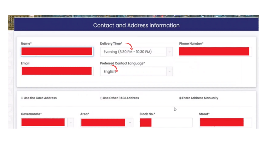 Civil ID home delivery address form Kuwait showing contact details and delivery time selection