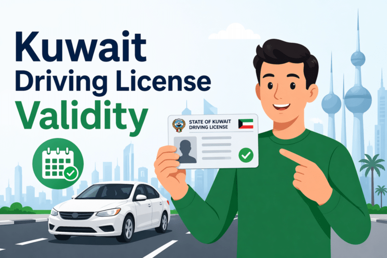 Kuwait driving license validity concept with animated person holding license and calendar reminder
