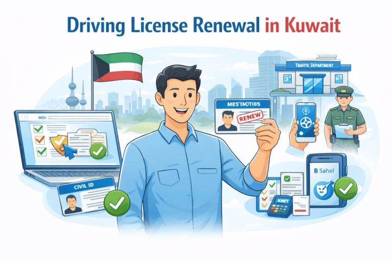 Kuwait driving license renewal guide infographic with person holding ID and mobile app steps