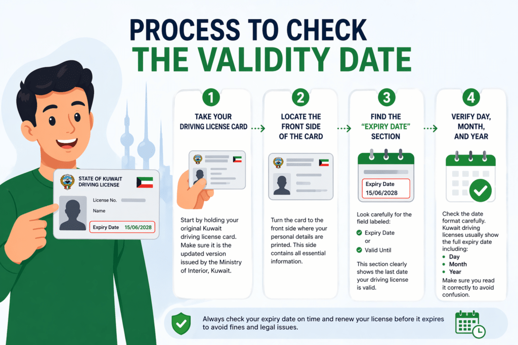 Steps to check Kuwait driving license expiry date shown with animated person holding license card