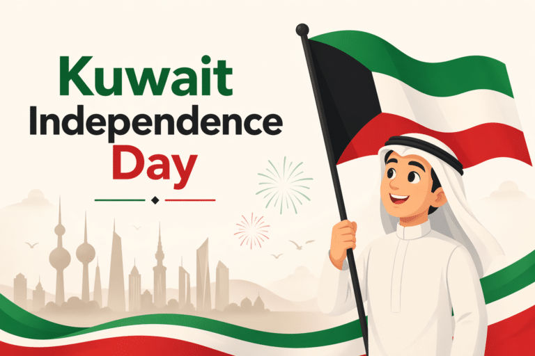 Animated person celebrating Kuwait Independence Day with Kuwait flag, simple patriotic design, green white red colors, 3:2 feature image