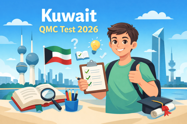 Kuwait QMC Test 2026 illustration with student holding checklist and Kuwait skyline background