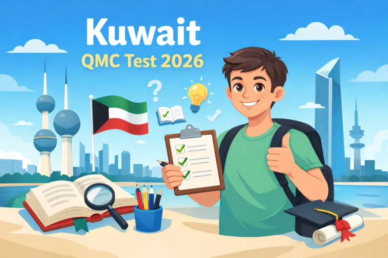 Kuwait QMC Test 2026 illustration with student holding checklist and Kuwait skyline background