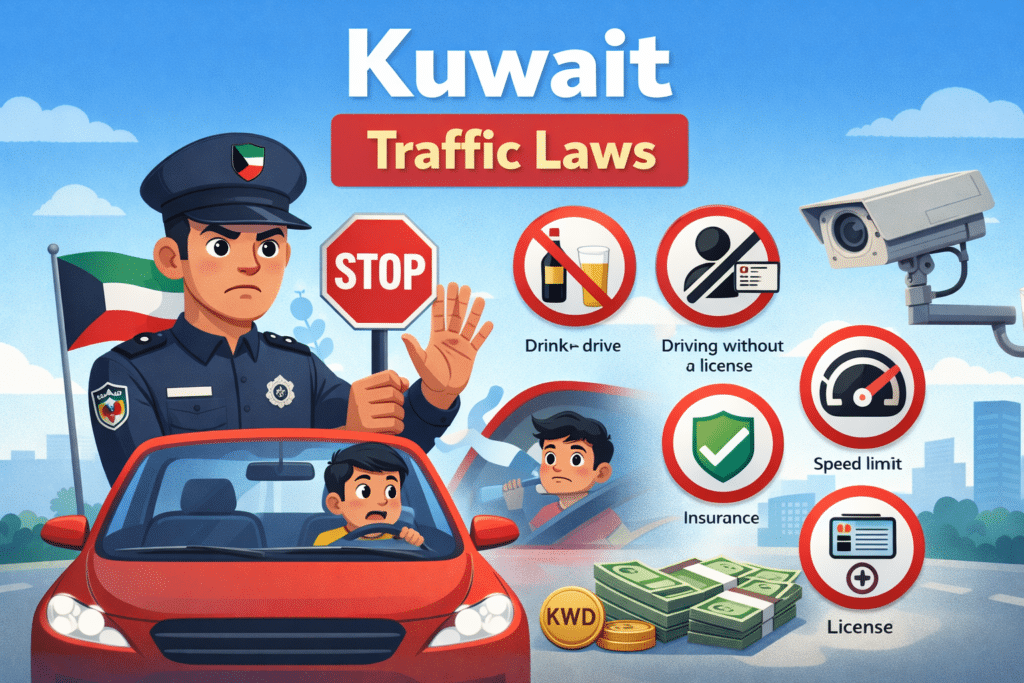 Kuwait traffic laws illustration with police officer, stop sign, CCTV camera and driving rules icons