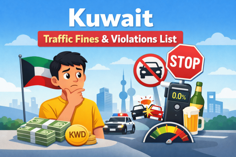 Kuwait traffic fines and violations list with animated driver, road signs, accident icons and KWD fines illustration