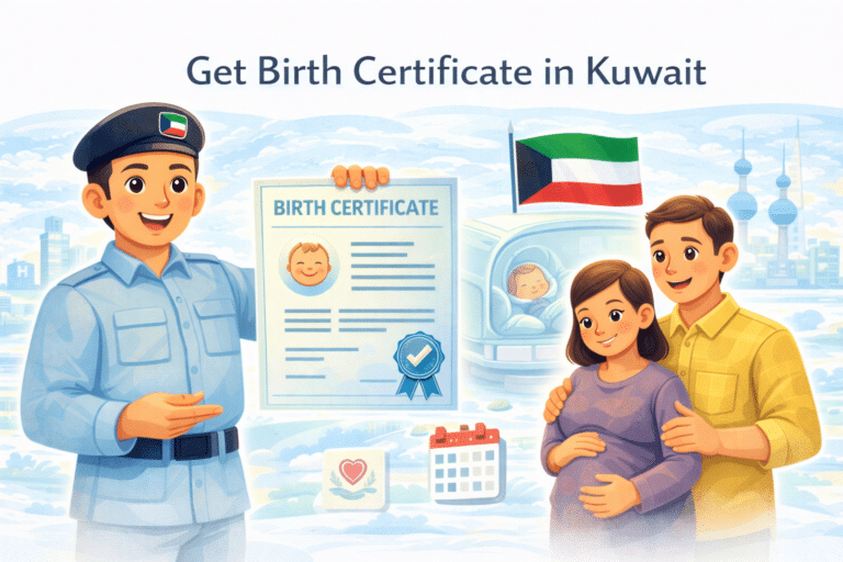 obtain birth certificate in Kuwait illustration showing Kuwaiti official issuing birth certificate to parents with newborn