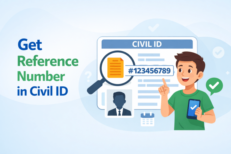 Get reference number in Civil ID Kuwait illustration with person holding phone and ID details