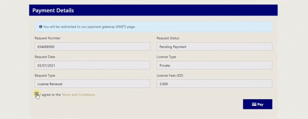 Payment details page showing license renewal fee in Kuwait online portal