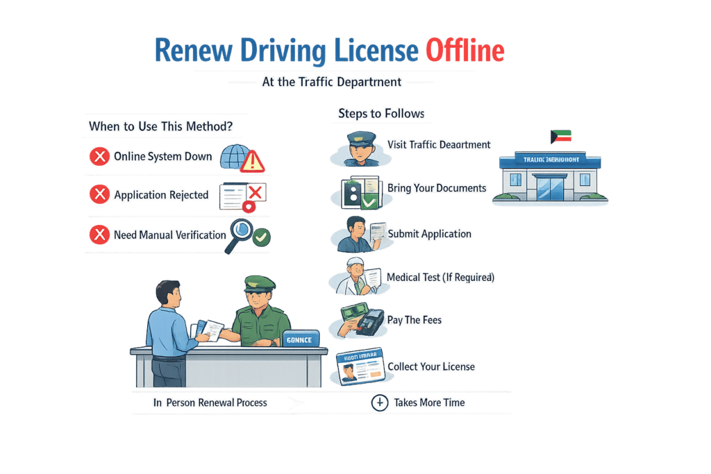 Offline driving license renewal in Kuwait at traffic department step-by-step infographic