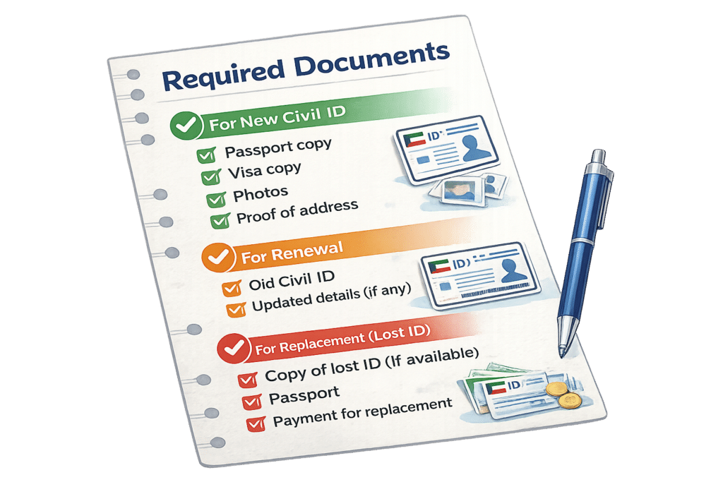 Civil ID required documents checklist for new, renewal, and replacement with transparent background