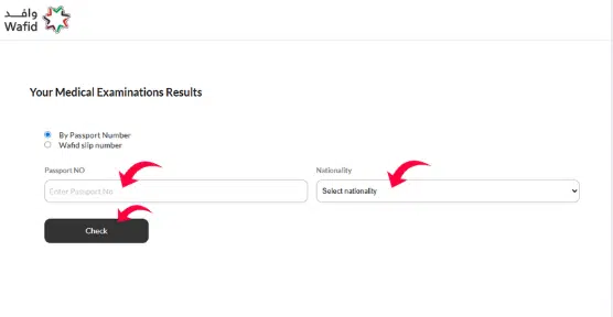 Wafid medical results check option passport number or Wafid slip selection