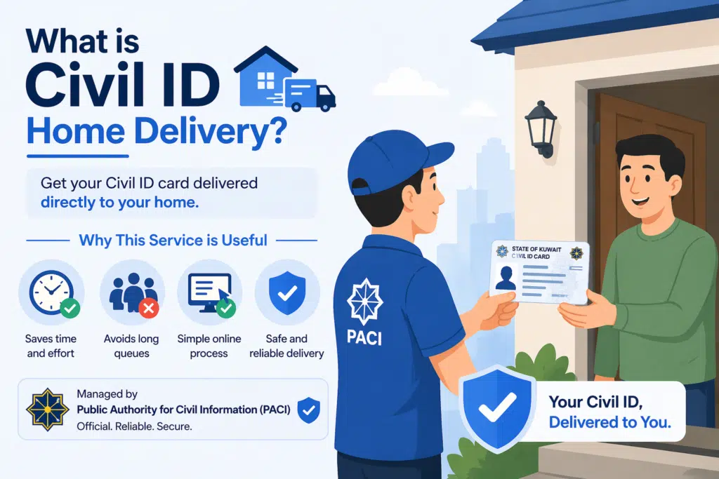 Civil ID home delivery Kuwait service illustration showing online application and courier delivering ID card to home