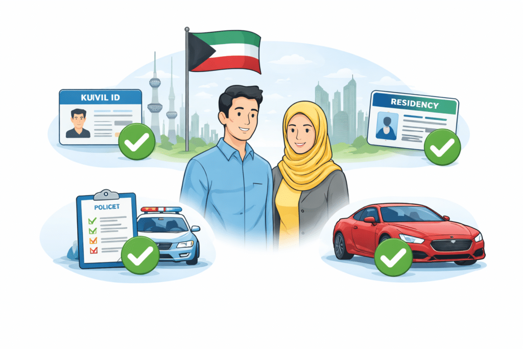 Eligibility criteria for renewing driving license in Kuwait infographic with ID, residency, and compliance checks