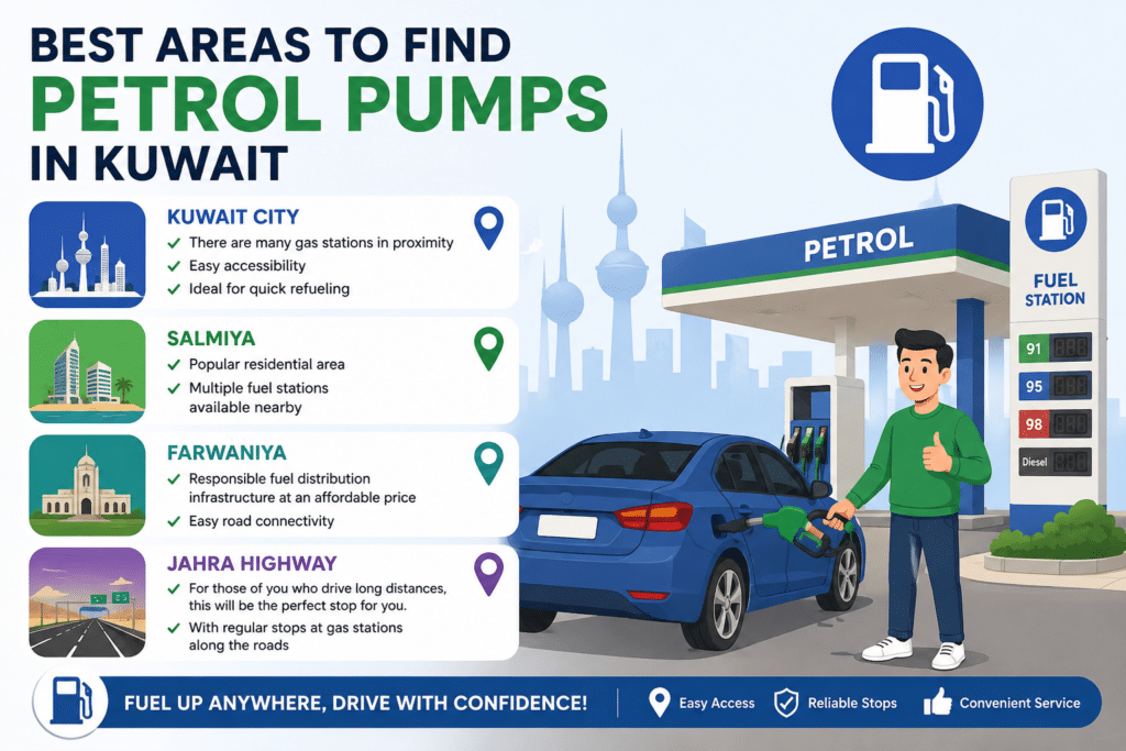 Best petrol pump areas in Kuwait including Kuwait City, Salmiya, Farwaniya, and Jahra Highway with fuel station illustration.