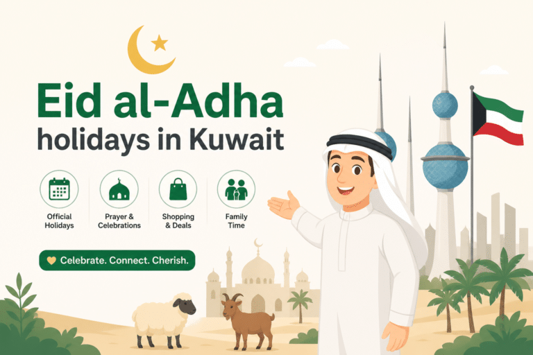 Eid al-Adha holidays in Kuwait banner with animated Emirati man, Kuwait skyline, crescent moon, and festive Islamic elements