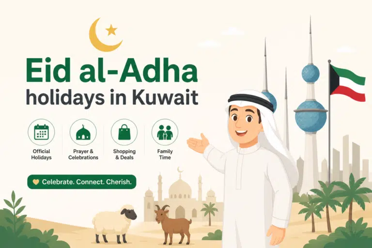 Eid al-Adha holidays in Kuwait banner with animated Emirati man, Kuwait skyline, crescent moon, and festive Islamic elements