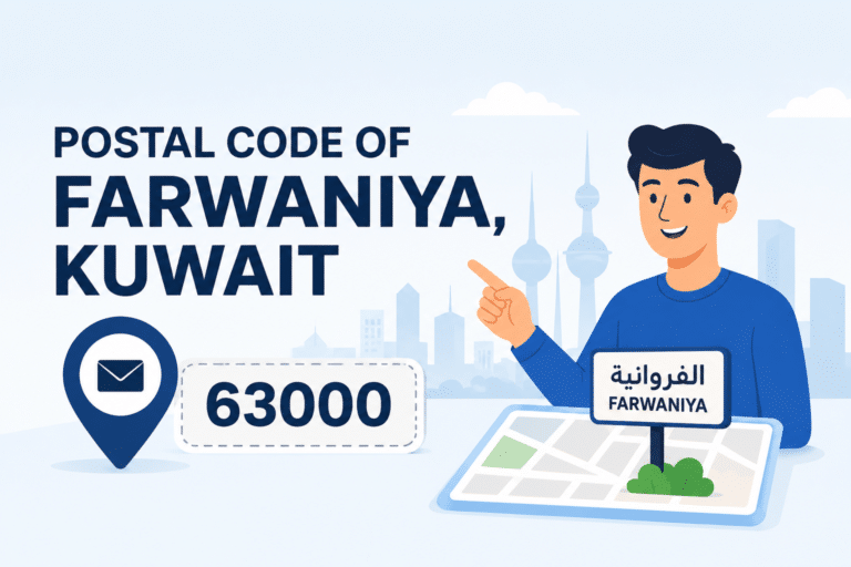 Animated feature image showing the postal code of Farwaniya, Kuwait with a smiling cartoon man, Kuwait skyline, map location icon, and Farwaniya postal code 63000.