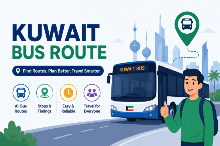 Animated Kuwait bus route feature image showing a modern Kuwait bus, city skyline, route pin icon, and a smiling traveler for public transport guidance.