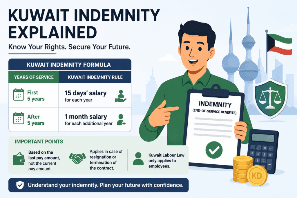 Kuwait indemnity explained infographic showing end-of-service benefits calculation, labour law rules, salary-based indemnity formula, and employee compensation rights in Kuwait