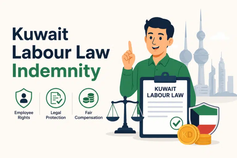 Kuwait Labour Law Indemnity guide illustration showing an employee, compensation document, legal protection icons, and Kuwait labor rights benefits