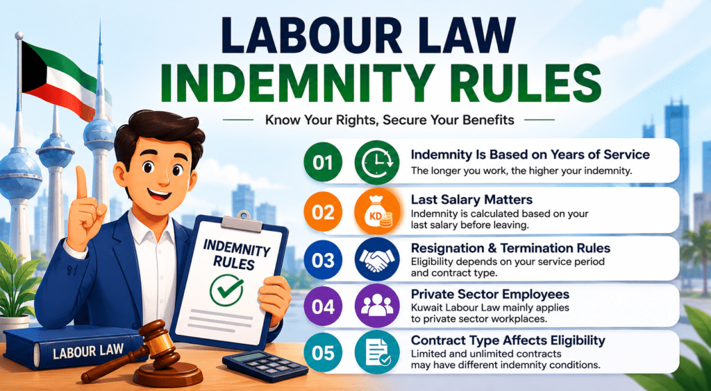 Kuwait labour law indemnity rules infographic showing employee rights, years of service, salary-based compensation, resignation rules, and contract eligibility under Kuwait Labour Law