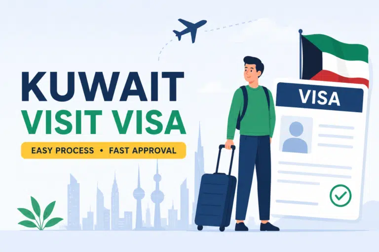 Kuwait Visit Visa guide banner featuring a traveler illustration, visa card, Kuwait flag, and travel suitcase representing visa approval process and easy entry requirements for Kuwait visit visa 2026