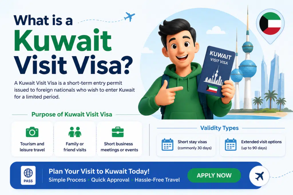 Visa Approval and Requirements for Kuwait Visit Visa 2026 Banner (Visa Guide) with a traveler icon, visa card and flag of Kuwait along with a suitcase, representing the straightforward visa fielding process and ease of entry for Kuwait visit visa 2026.