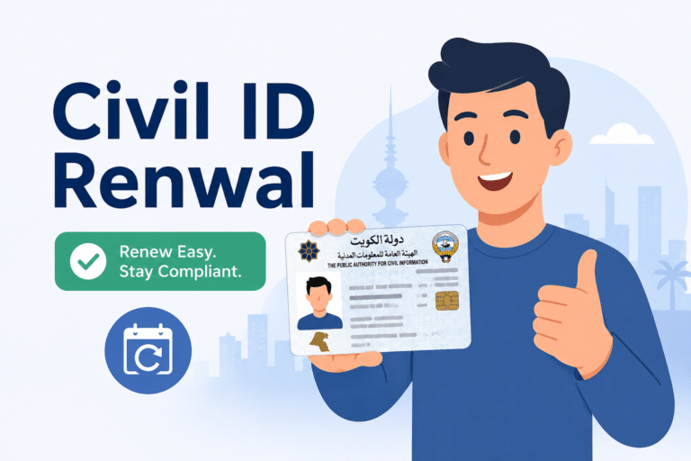 Animated illustration of a man holding a Kuwait Civil ID card for online Civil ID renewal with renewal icon and simple Kuwait skyline background.