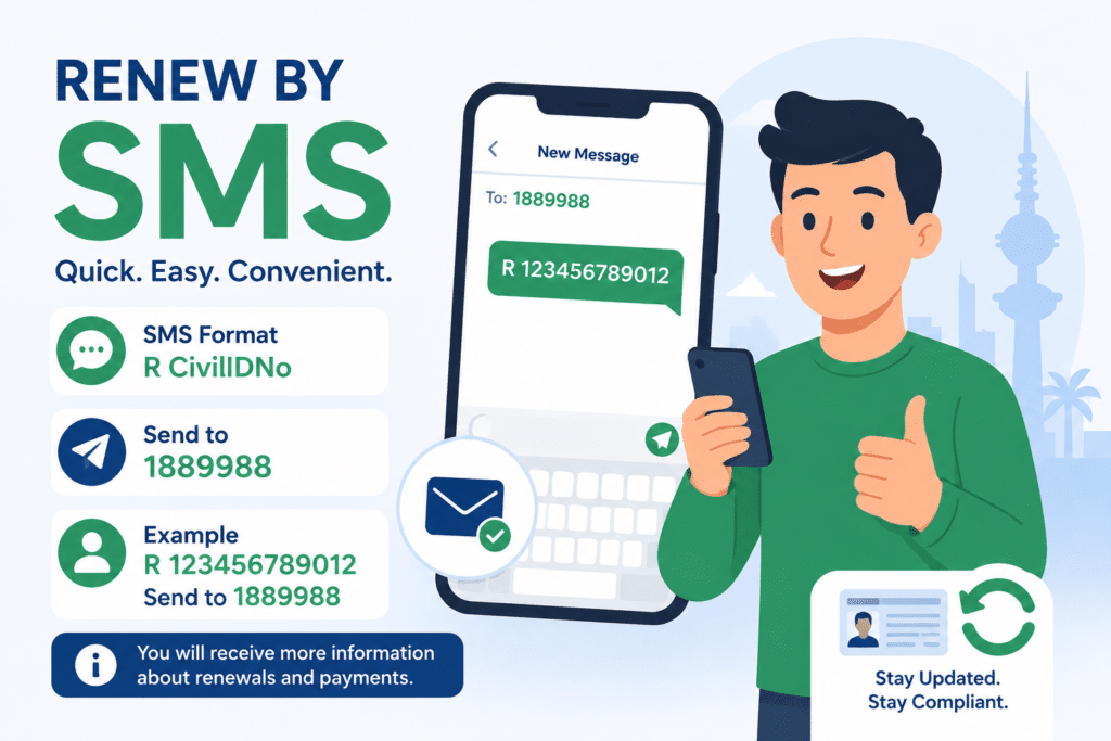 Animated illustration showing Kuwait Civil ID renewal by SMS with mobile phone, SMS format example, and renewal number 1889988.