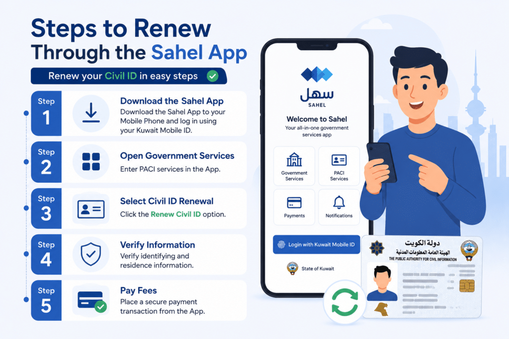 Step-by-step guide image for Kuwait Civil ID renewal through the Sahel App with mobile phone, PACI services, and payment process illustration.