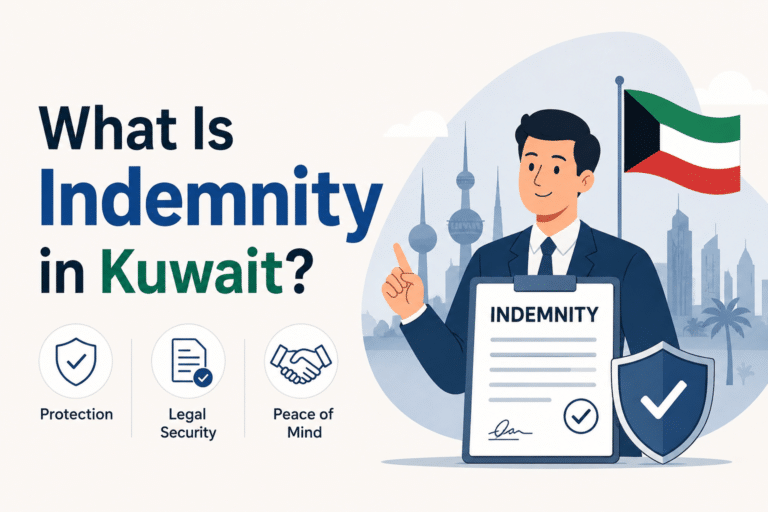Animated illustration explaining what indemnity in Kuwait is, showing a worker holding an indemnity document with legal protection and compensation symbols.