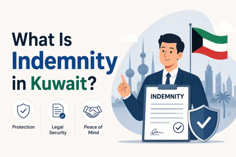 Animated illustration explaining what indemnity in Kuwait is, showing a worker holding an indemnity document with legal protection and compensation symbols.