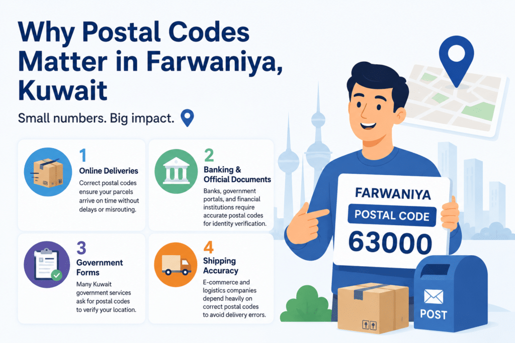 Simple animation explaining the importance of postal codes in Farwaniya, Kuwait, such as delivery of mail and parcels online, as well as verification of postal codes in banking and filling in government forms.
