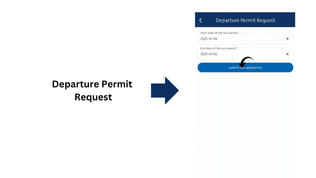 Kuwait departure permit request form in the Sahel app showing exit permit start and end date fields.