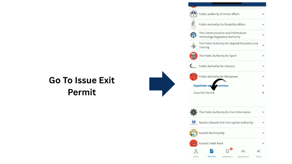 Issue Exit Permit option in the Sahel app under Public Authority for Manpower services in Kuwait.