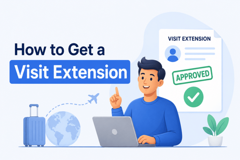 Animated person holding a passport and visa documents while extending a visit visa, with travel icons and approval elements, illustrating the visit extension process.