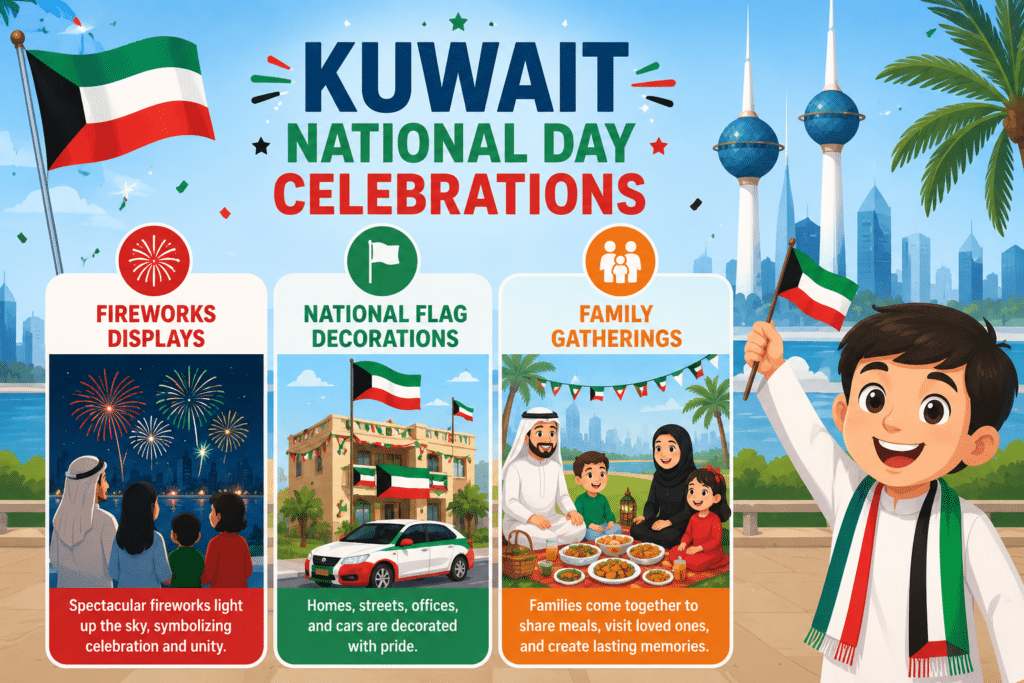 Popular Kuwait National Day celebrations illustration showing fireworks displays, national flag decorations, family gatherings, an animated child waving the Kuwait flag, and the Kuwait Towers.